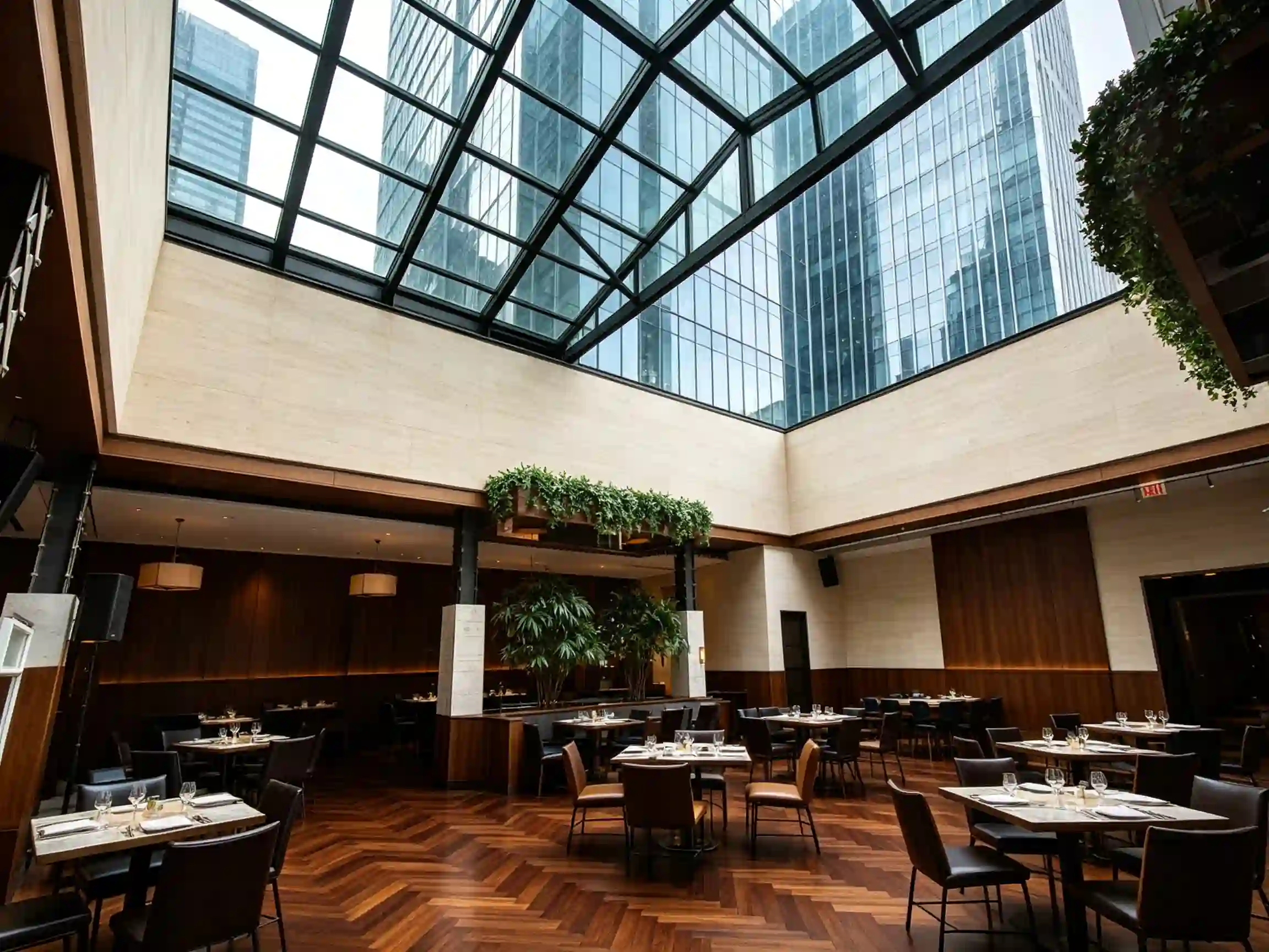 Glass roof courtyard for commercial building with transparent roof system