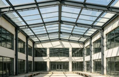 Glass roof courtyard for commercial building with transparent roof system