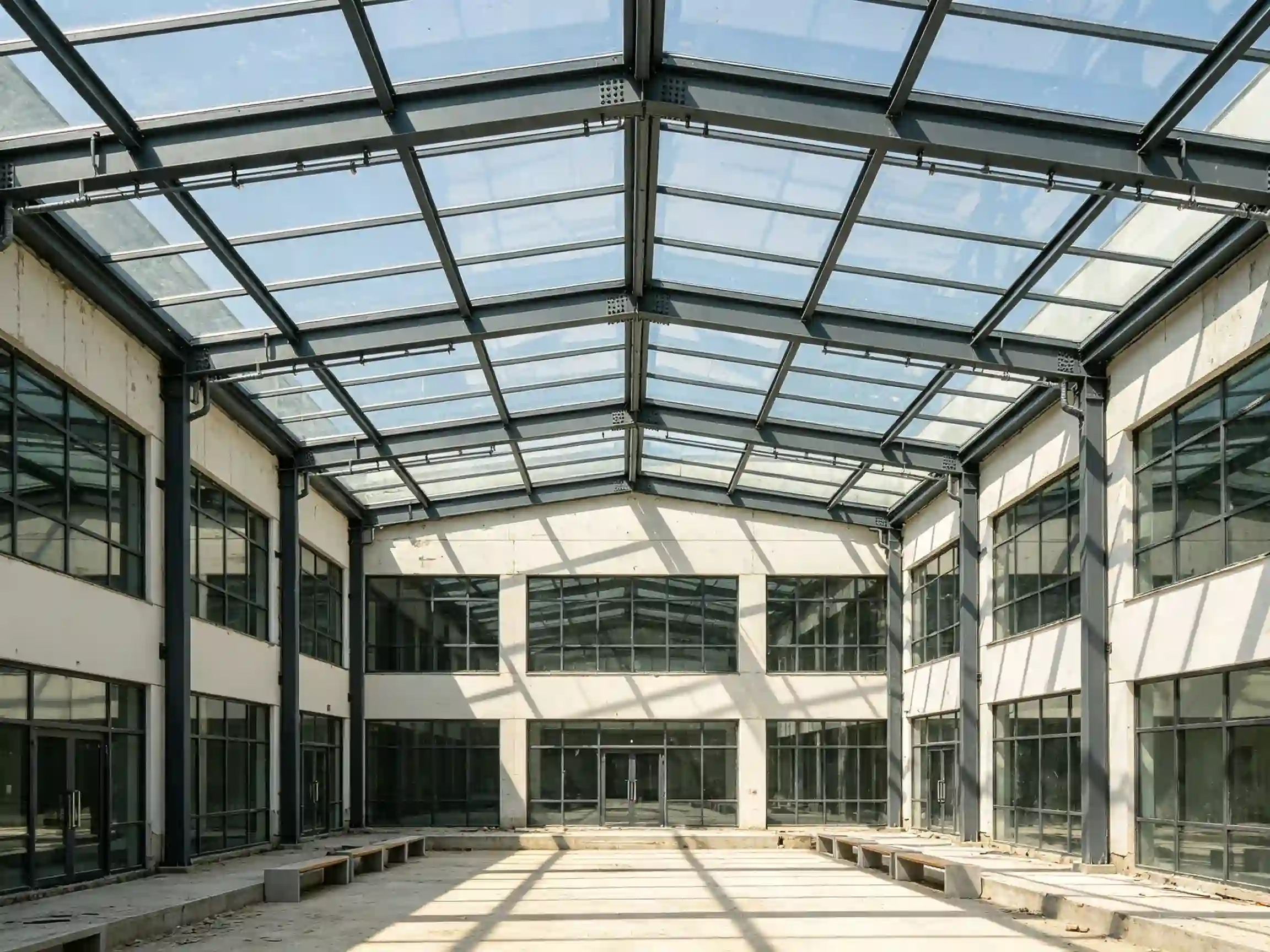 Glass roof courtyard for commercial building with transparent roof system