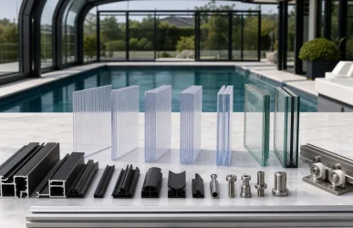 Glass and polycarbonate materials for pool enclosure and pool sunroom systems