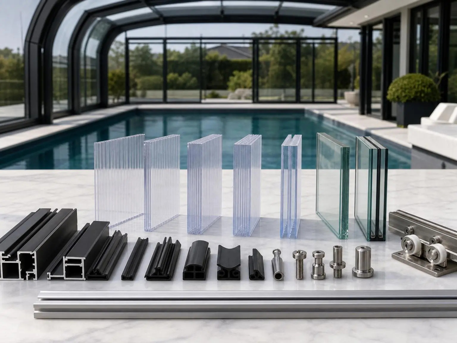 Glass and polycarbonate materials for pool enclosure and pool sunroom systems