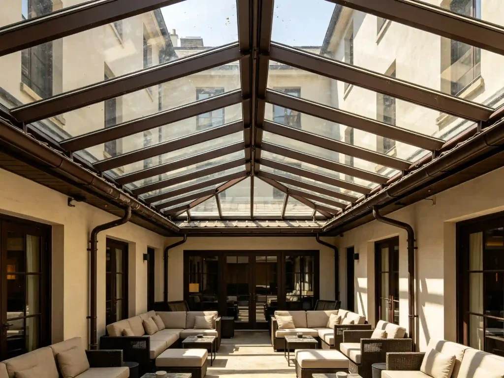 Hotel courtyard glass roof system for protected guest lounge area