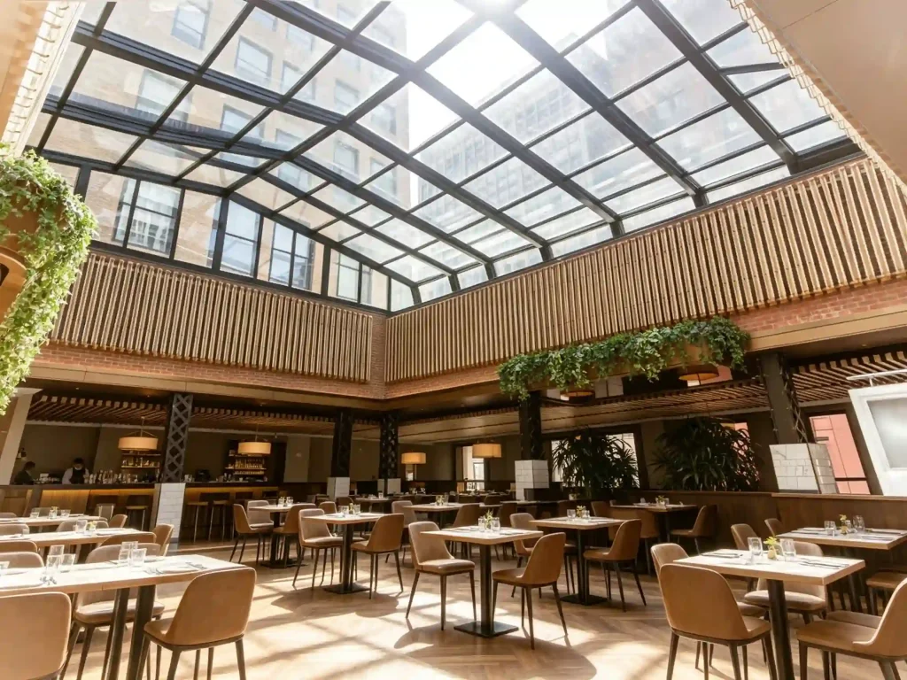 Hotel courtyard glass roof system for protected guest lounge area