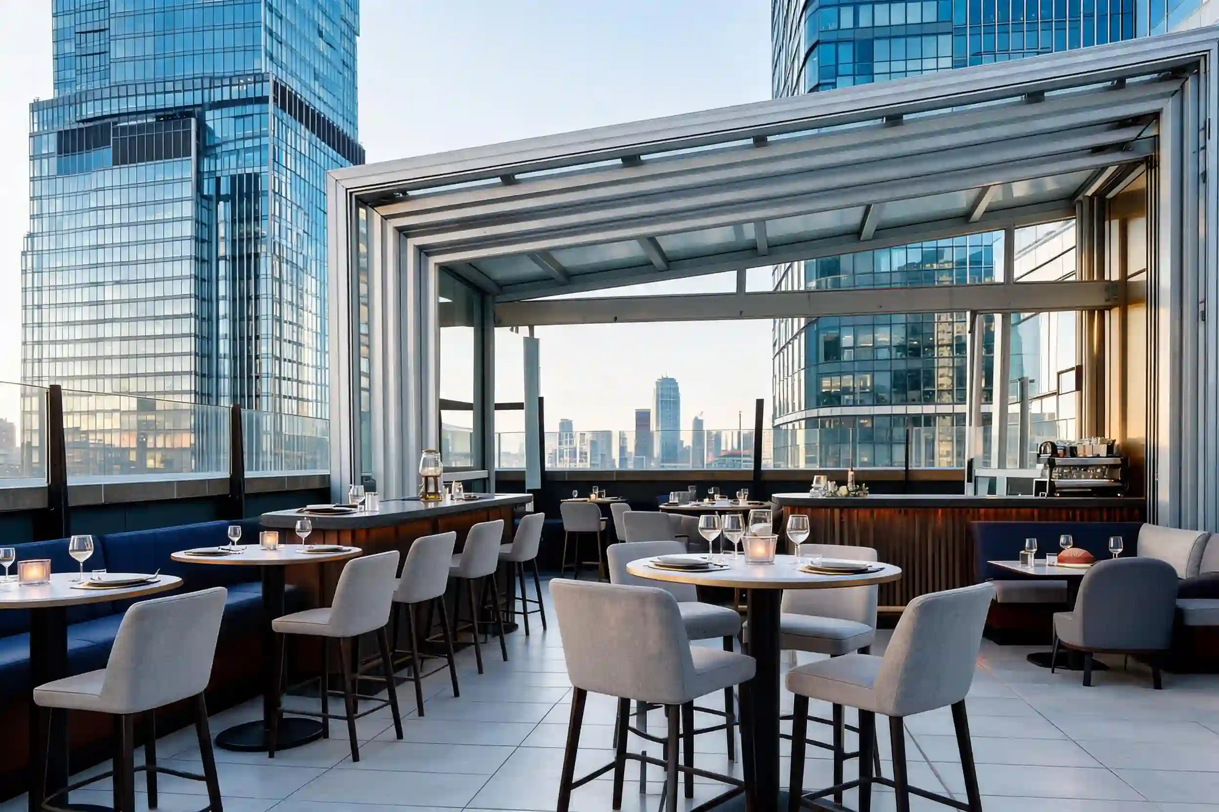 Hotel rooftop restaurant with motorized retractable roof system and city skyline view