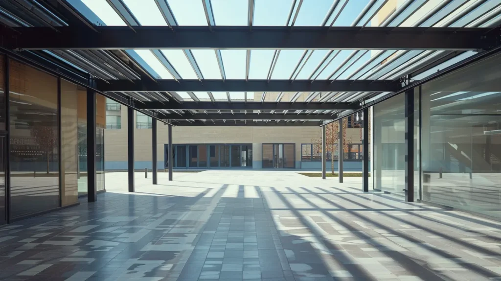 Motorized retractable roof system for hotel rooftop terrace
