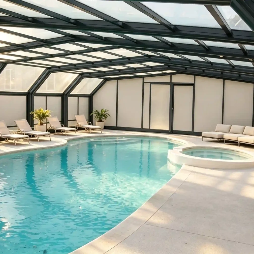 Indoor swimming pool enclosure with retractable sunroom structure and natural daylight