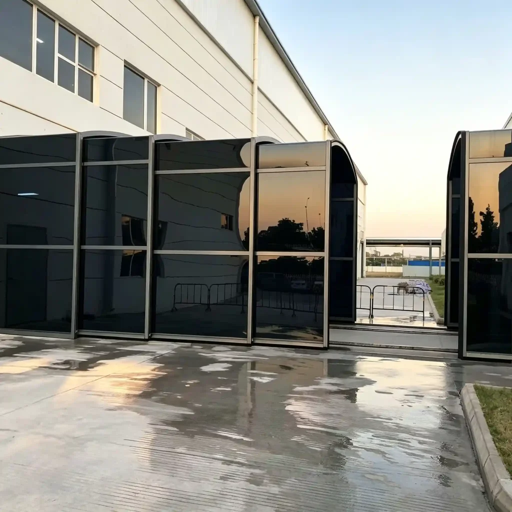Industrial retractable walkway system installed at factory entrance for weather-protected access