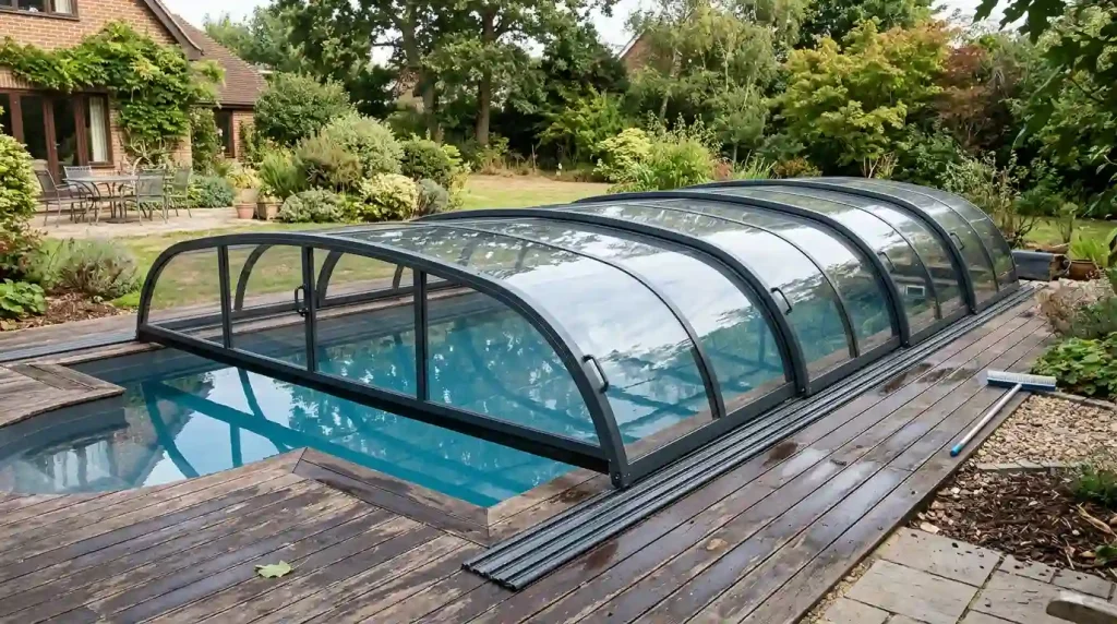 Low-profile pool enclosure for private swimming pool