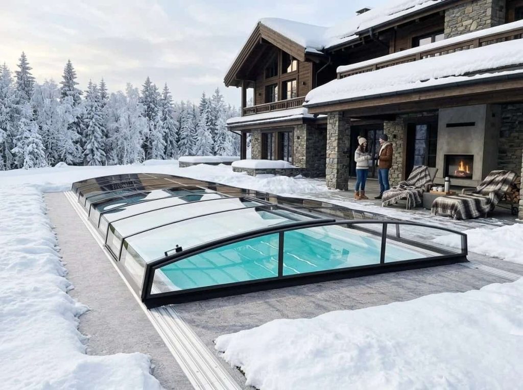 Low-profile pool enclosure for outdoor pool in snow climate