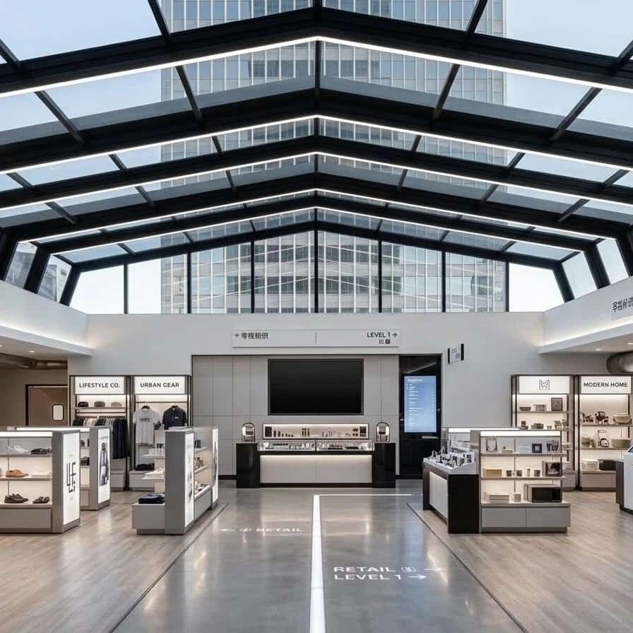 Modern commercial glass roof system for public space with aluminum frame and daylight design