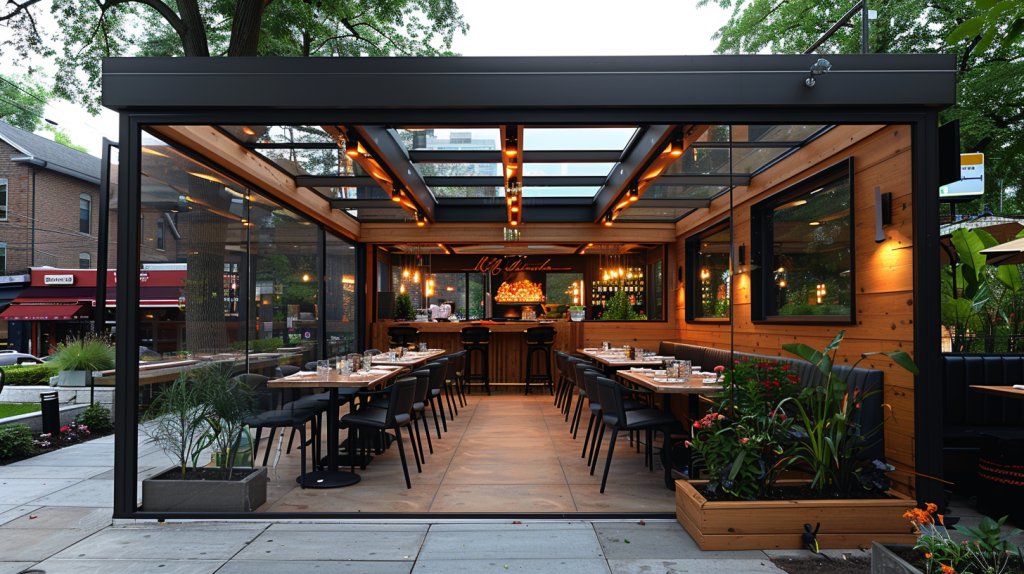 Outdoor dining retractable room for restaurant patio seating