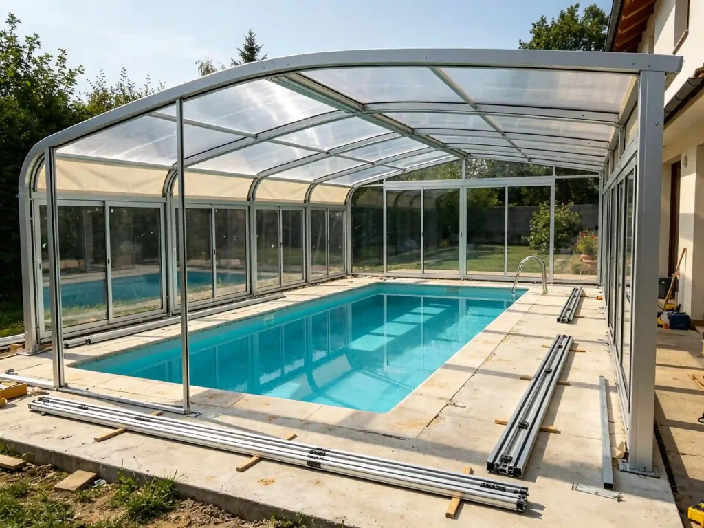 Pool enclosure installation process with aluminum frame and transparent panels
