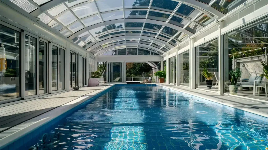 Pool enclosure sunroom for indoor outdoor swimming pool space