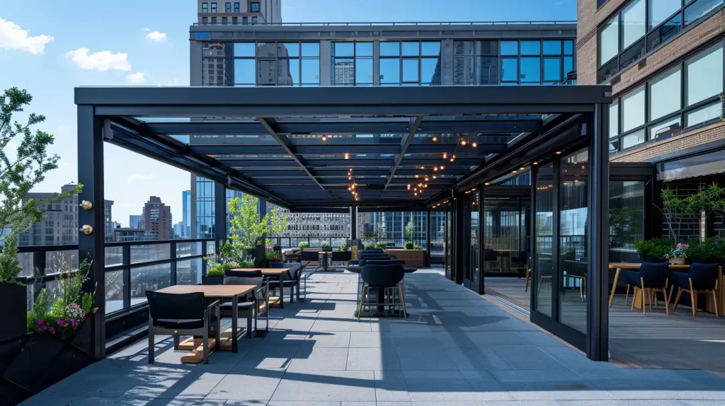 Retractable glass roof systems can also be used for private courtyards and villa outdoor spaces.