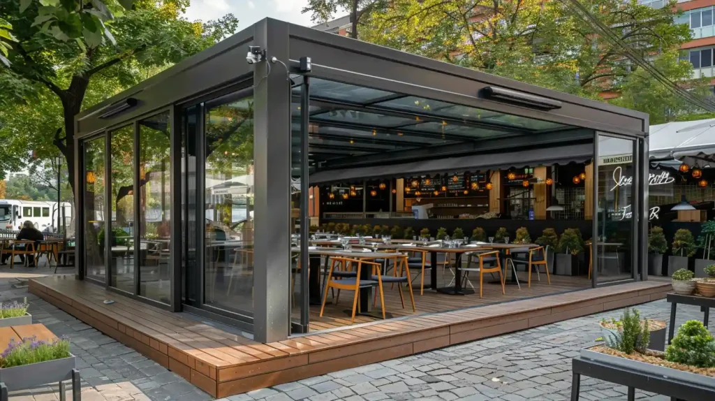 Retractable glass roof extension for restaurant and cafe outdoor space