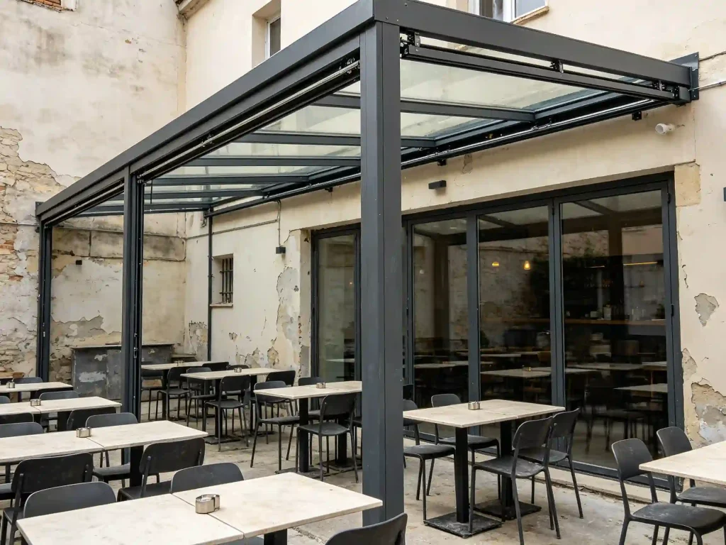 Restaurant courtyard retractable glass roof for weather-protected dining