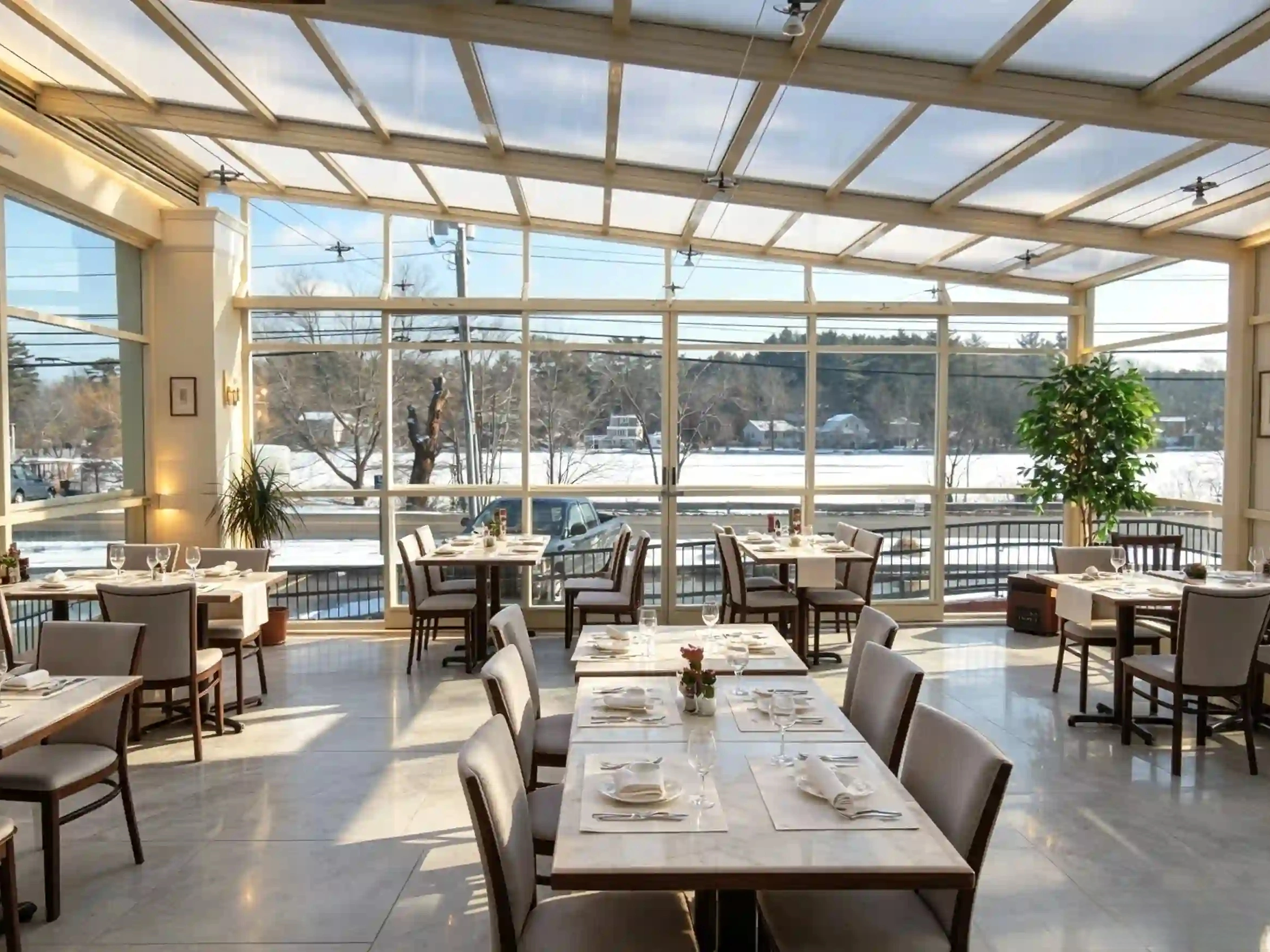 Restaurant glass enclosure with retractable roof for weather-protected outdoor dining