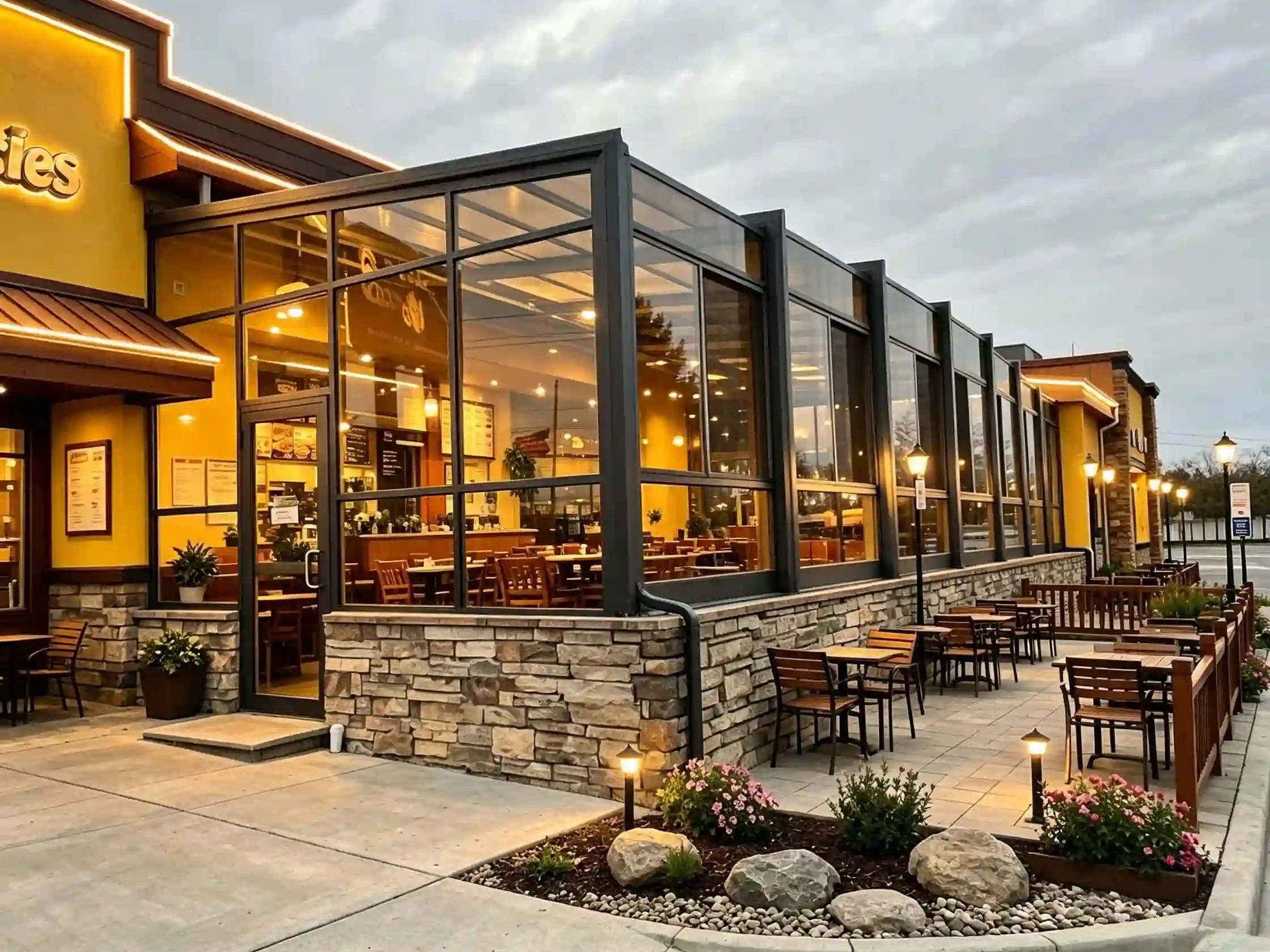 Restaurant patio glass enclosure with aluminum frame for expanded outdoor seating