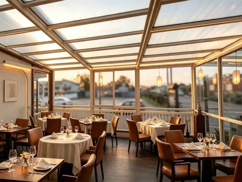 Restaurant sunroom enclosure for comfortable outdoor dining with natural light