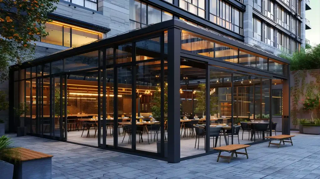 Retractable glass roof system for commercial courtyard