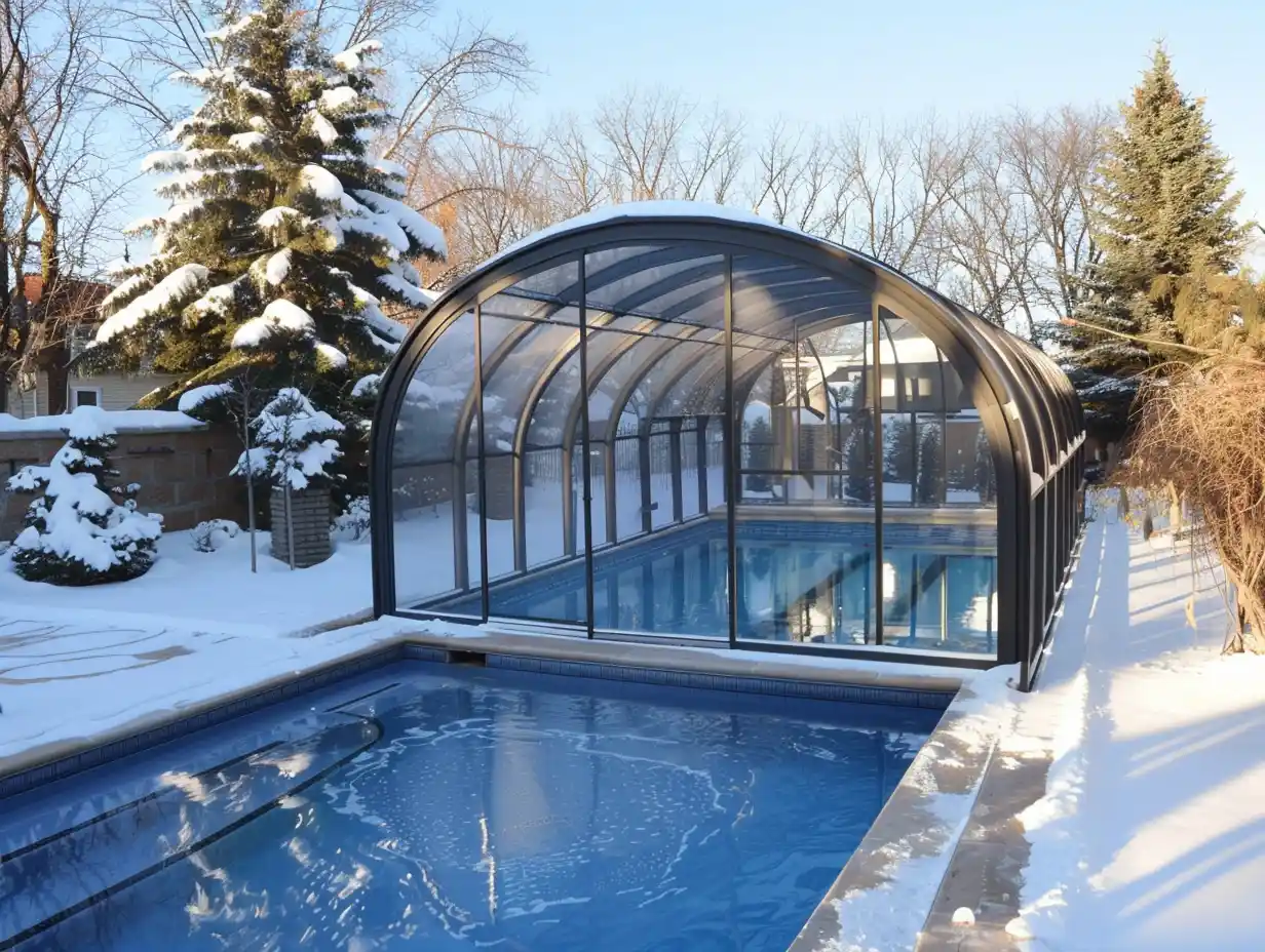 retractable pool enclosure for winter with swimming pool inside