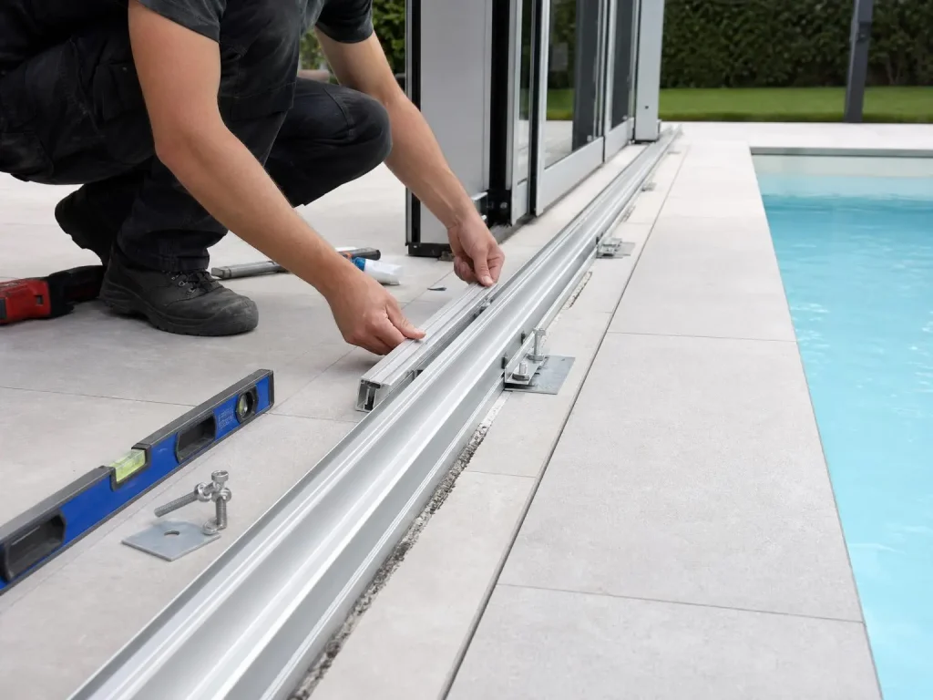 Drainage detail for retractable pool enclosure track