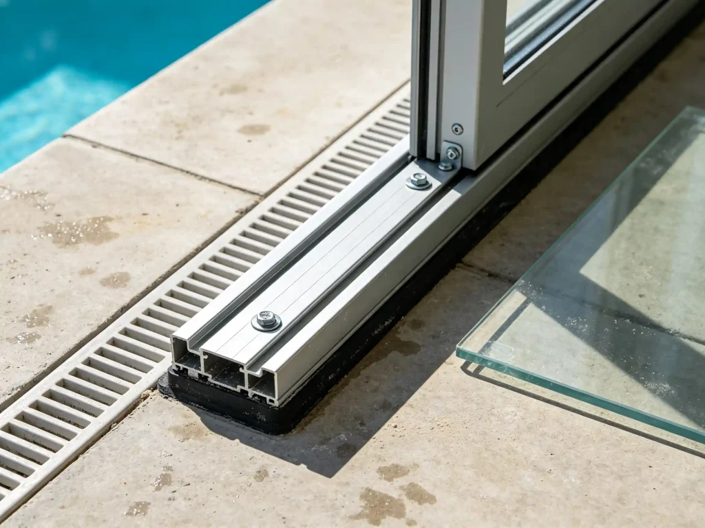 Retractable pool enclosure track installation on concrete deck