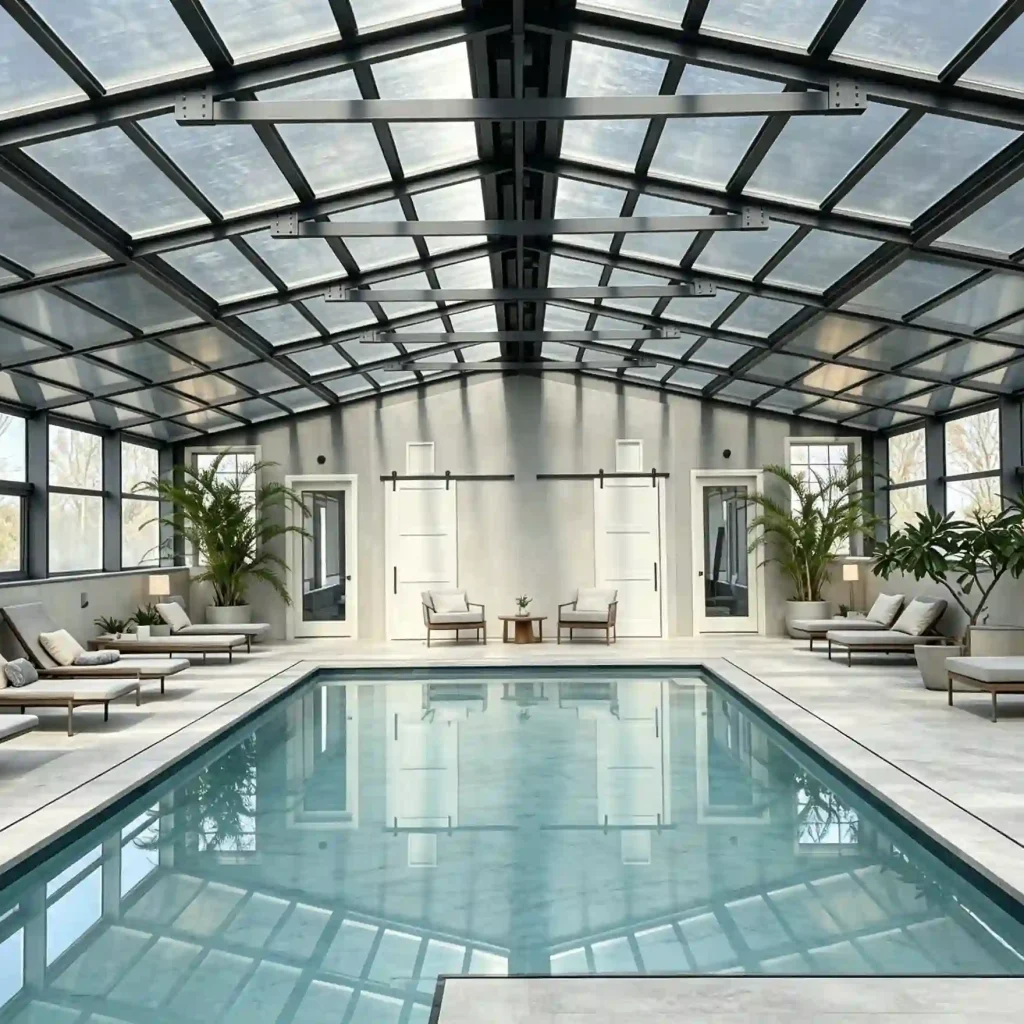 Retractable pool enclosure with glass roof system covering a residential swimming pool