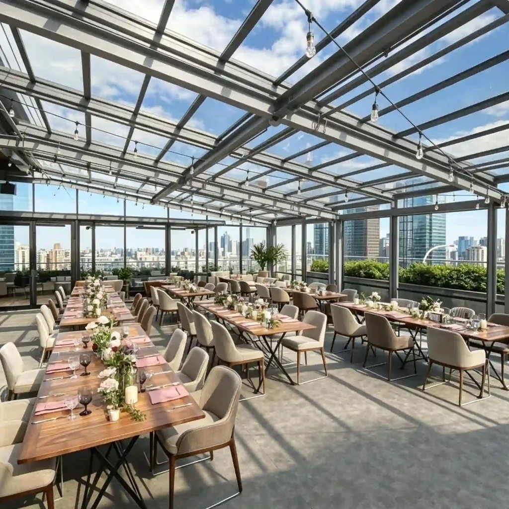 Motorized retractable glass roof systems create flexible rooftop lounges for hotel dining and events.