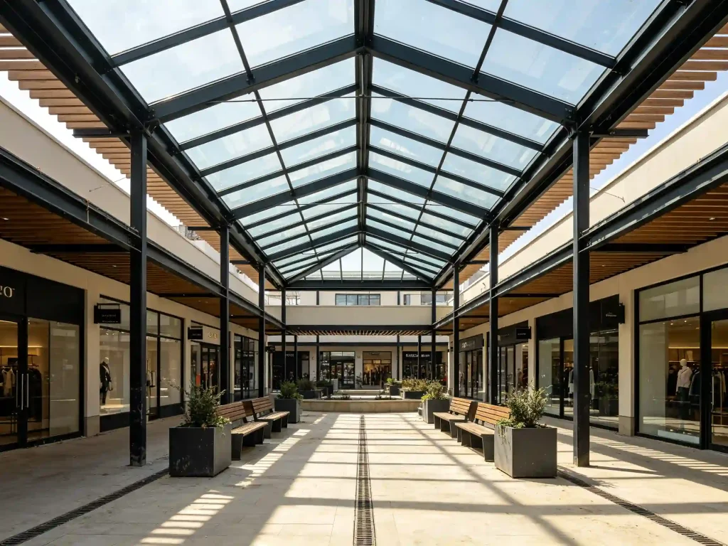 Shopping center glass roof courtyard with aluminum frame and daylight