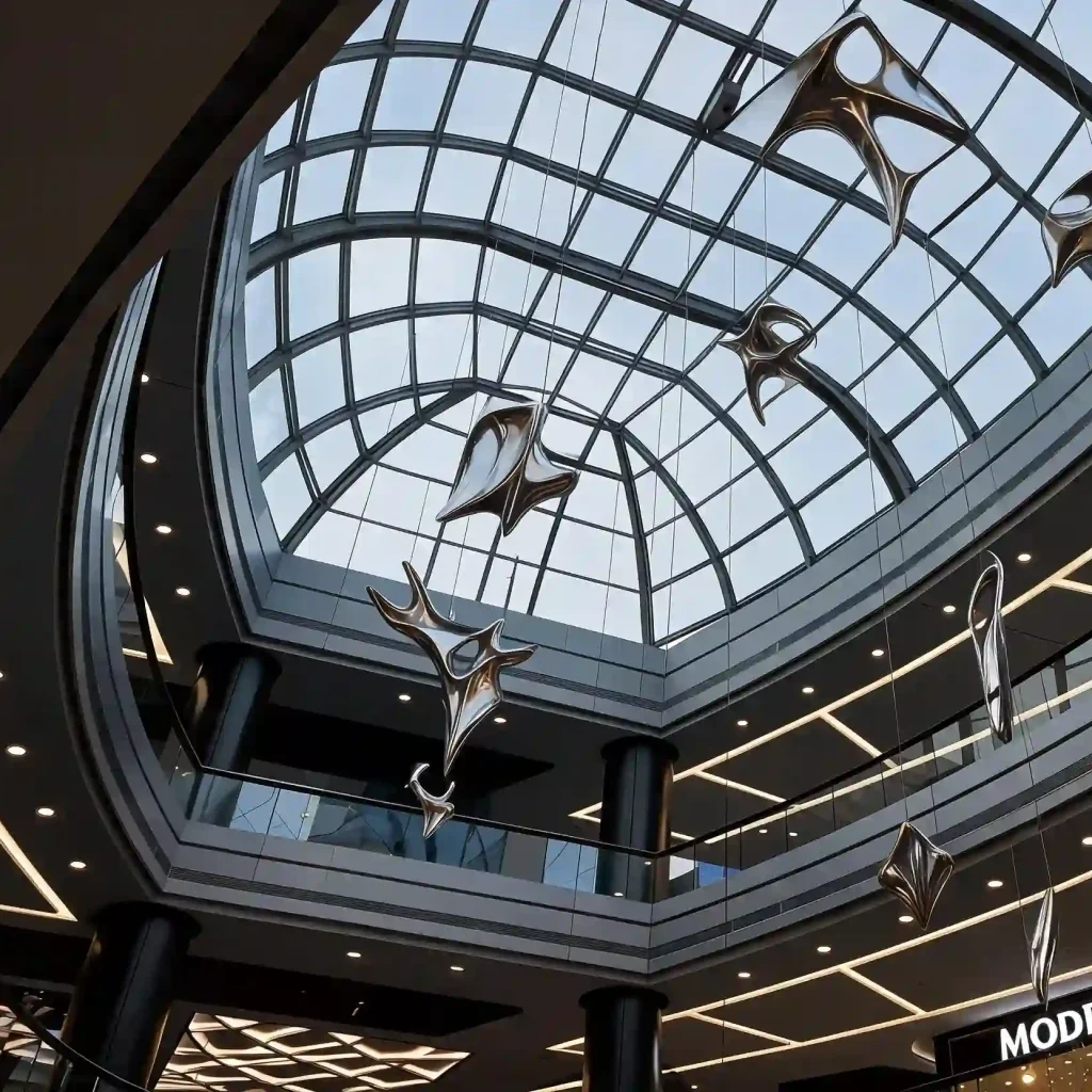 Shopping mall retractable glass roof atrium with curved steel structure and natural daylight