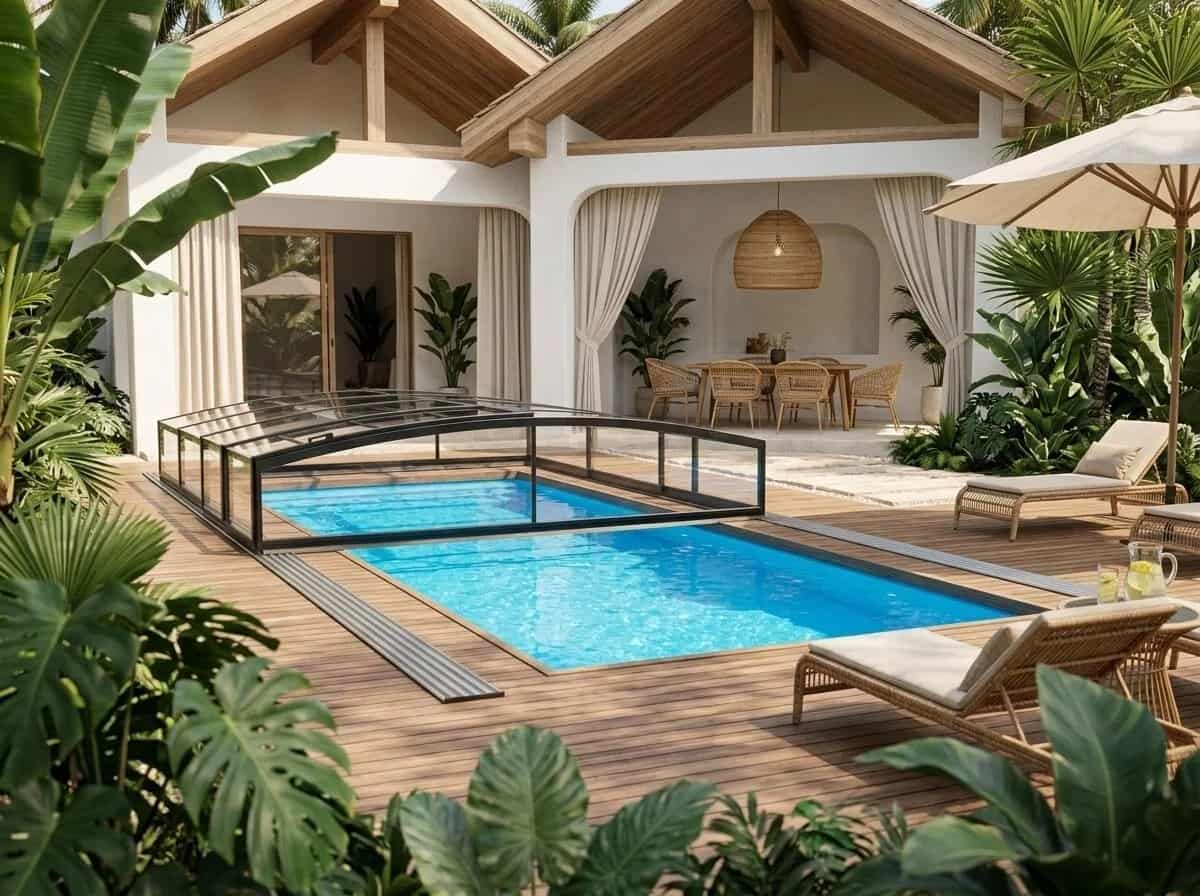 Telescopic pool enclosure with sliding sections