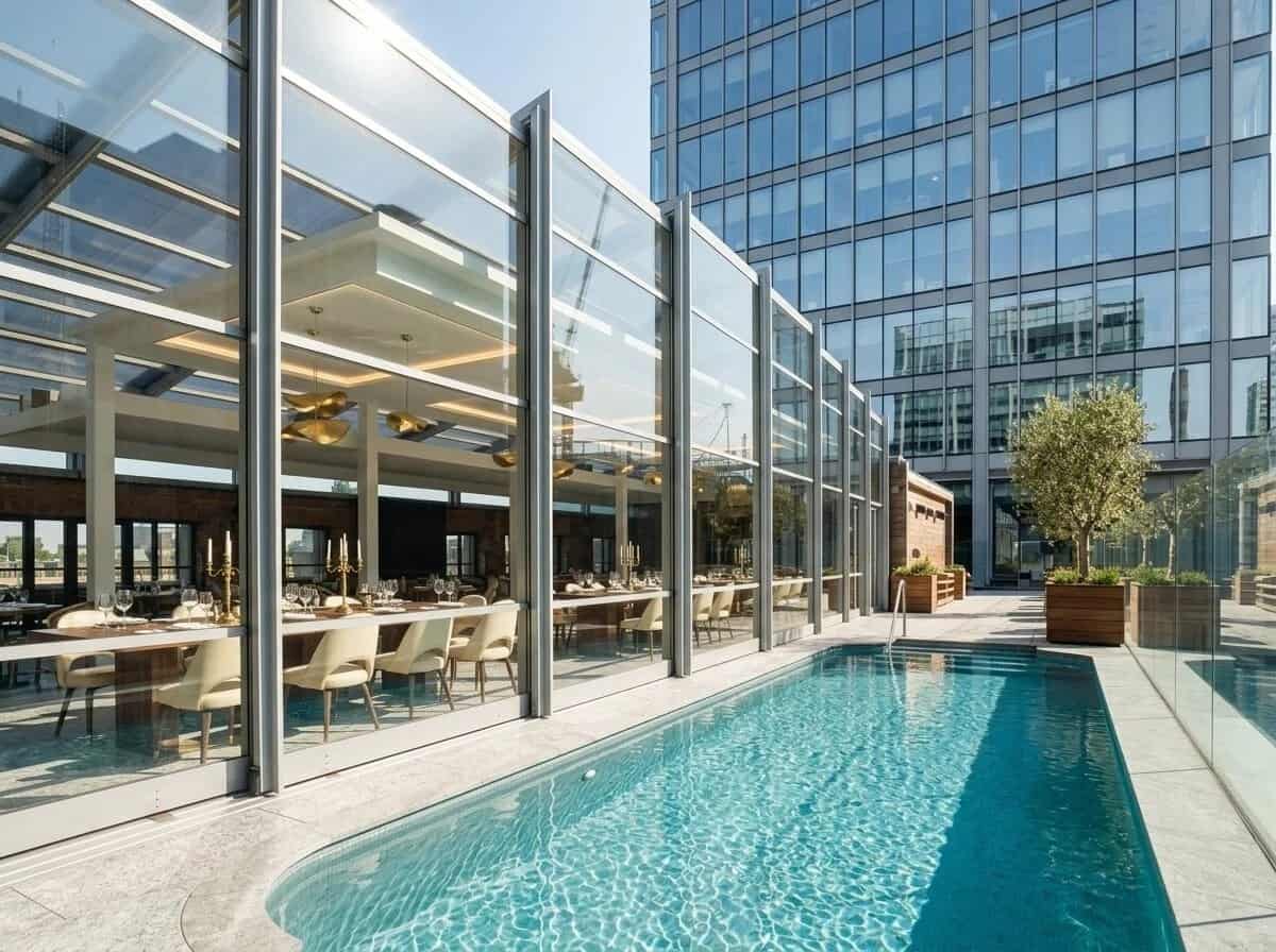 A retractable glass roof system creates a flexible seaside dining and event space with natural views.