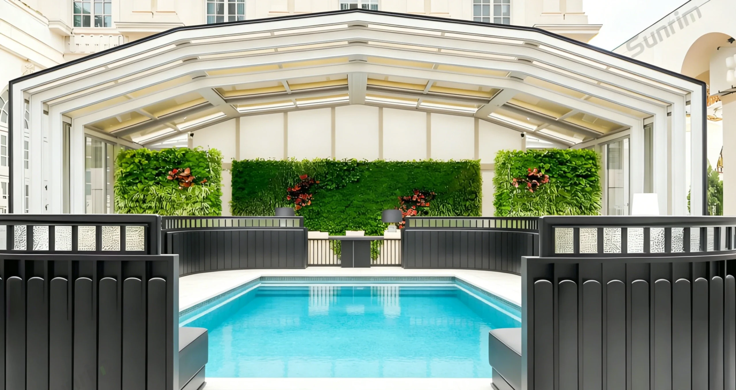 Retractable pool enclosure system with aluminum frame and transparent glass roof for residential swimming pool