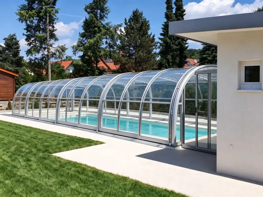 Arched retractable pool enclosure in a clean residential backyard setting