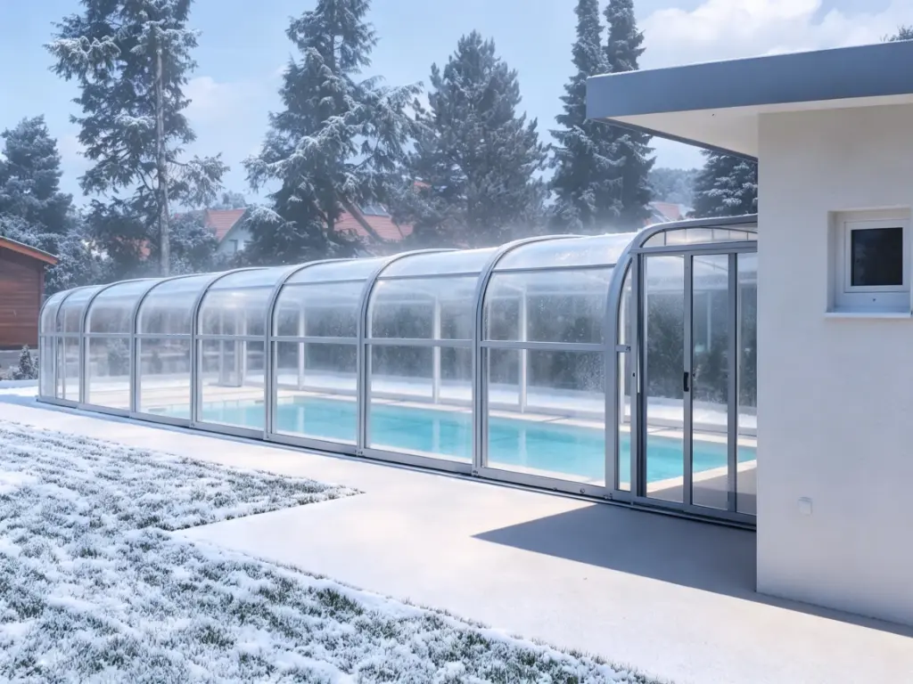 Arched pool enclosure with frosted transparent panels in a winter backyard