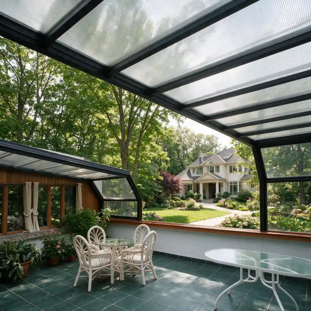 Black frame rooftop retractable sunroom for private villa with glass roof structure