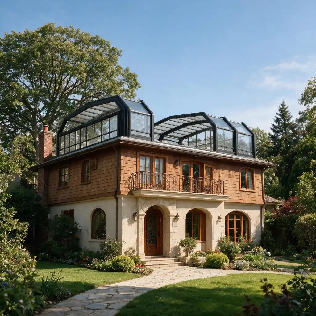 Black frame rooftop retractable sunroom for private villa with glass roof structure