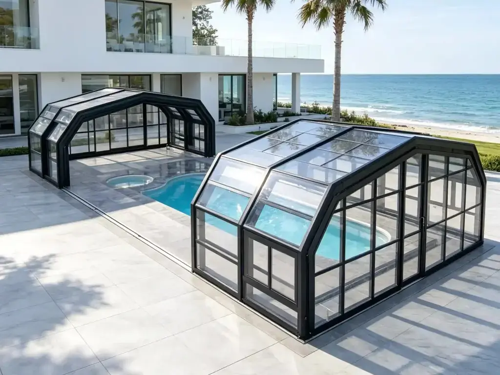 Black framed pool enclosures at a luxury coastal villa with outdoor swimming pool