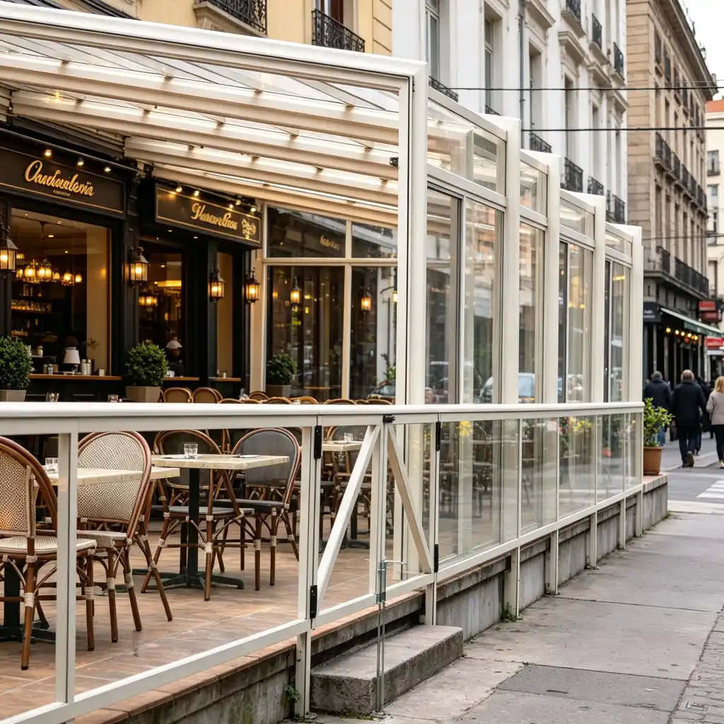 Commercial retractable patio enclosure with glass roof for cafe terrace