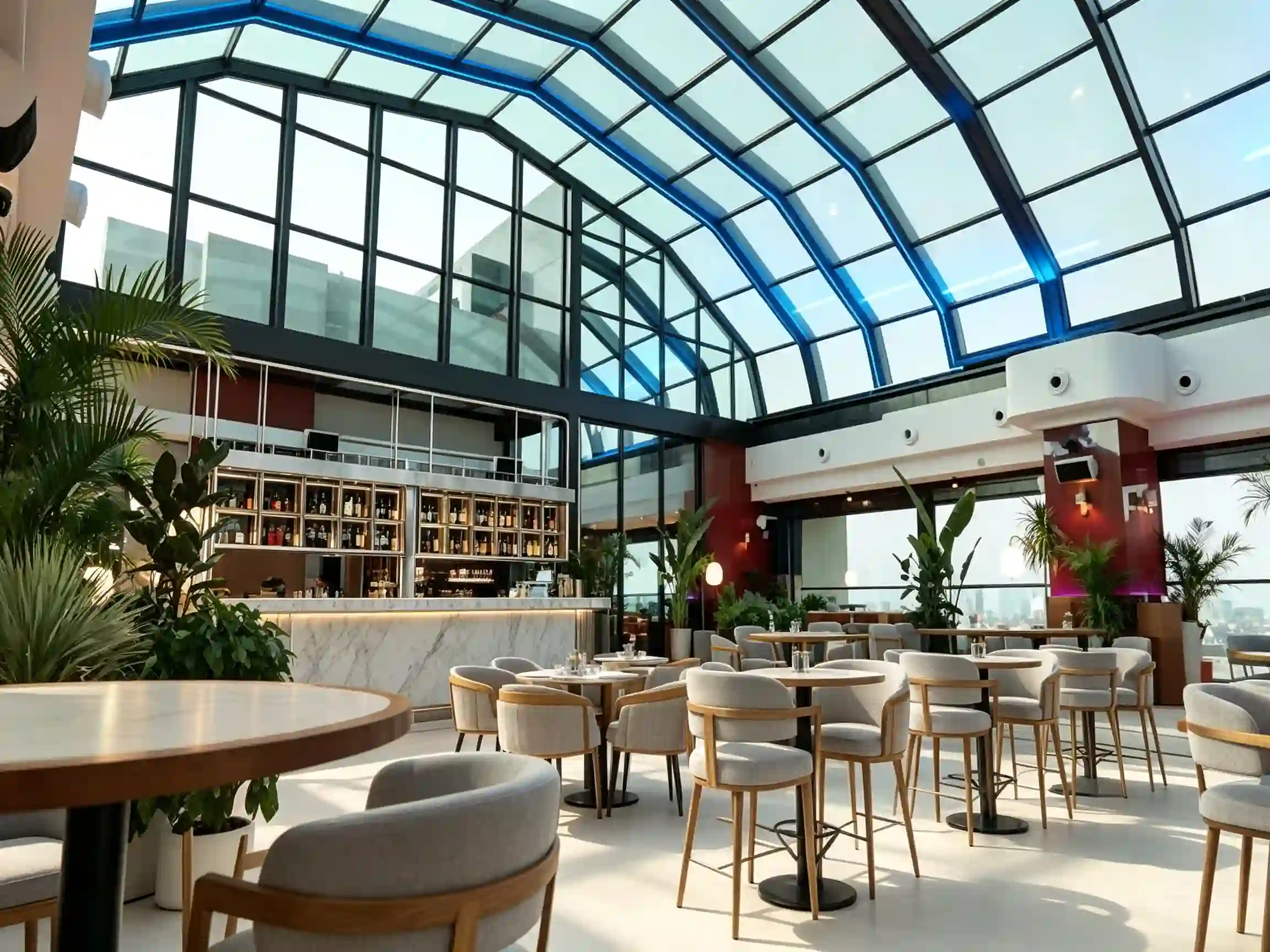 Commercial retractable roof system for hotel and restaurant outdoor space