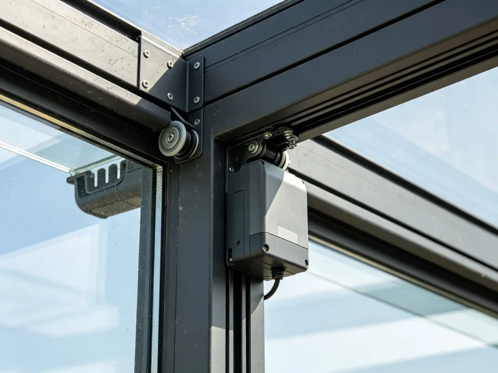 Commercial retractable roof track motor and aluminum frame detail