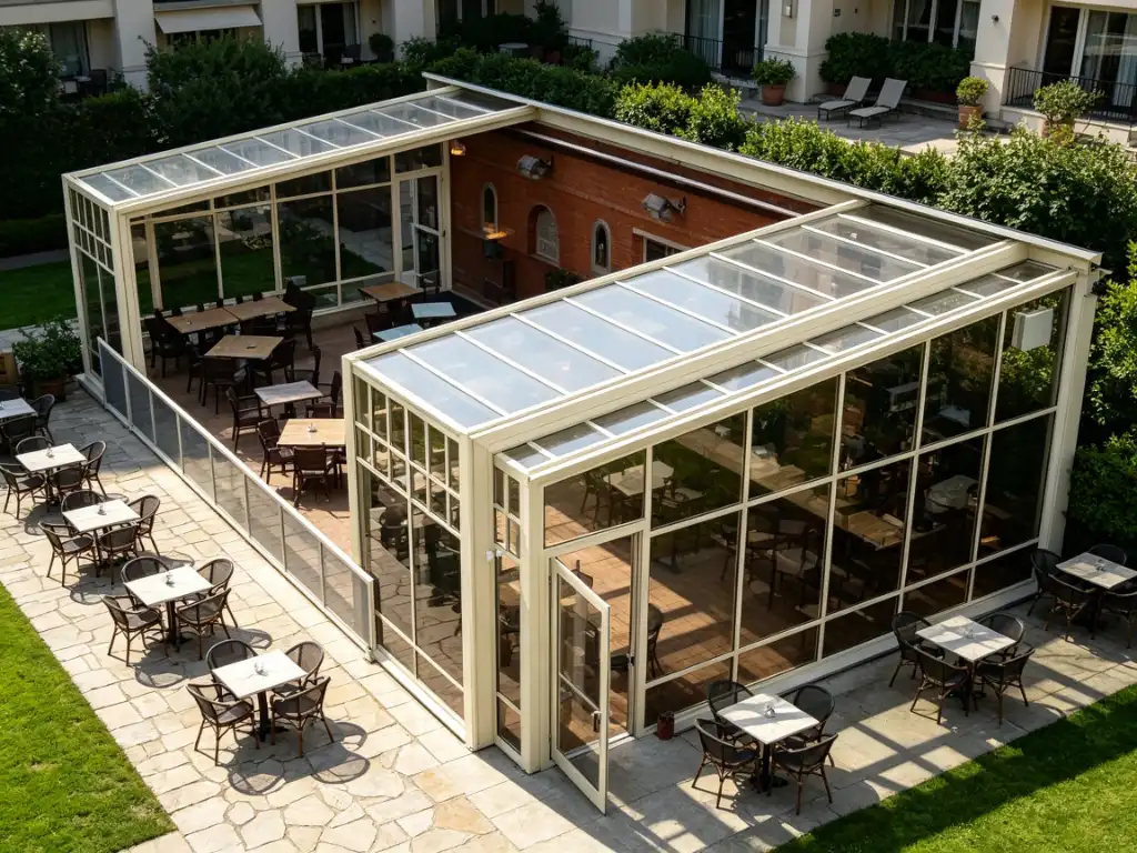 Restaurant patio enclosure with retractable roof for outdoor dining