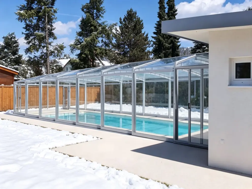 Glass pool enclosure installed in a snowy residential backyard during winter