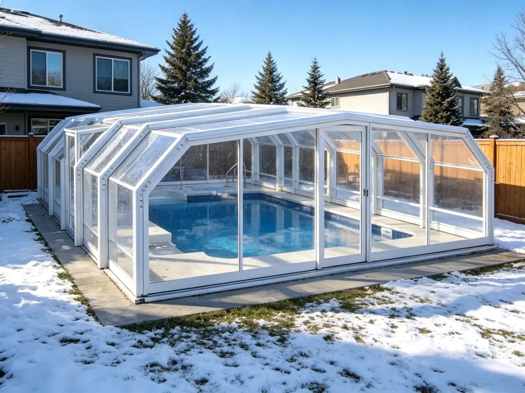 A pool enclosure can improve comfort around heated pools by reducing cold wind exposure.