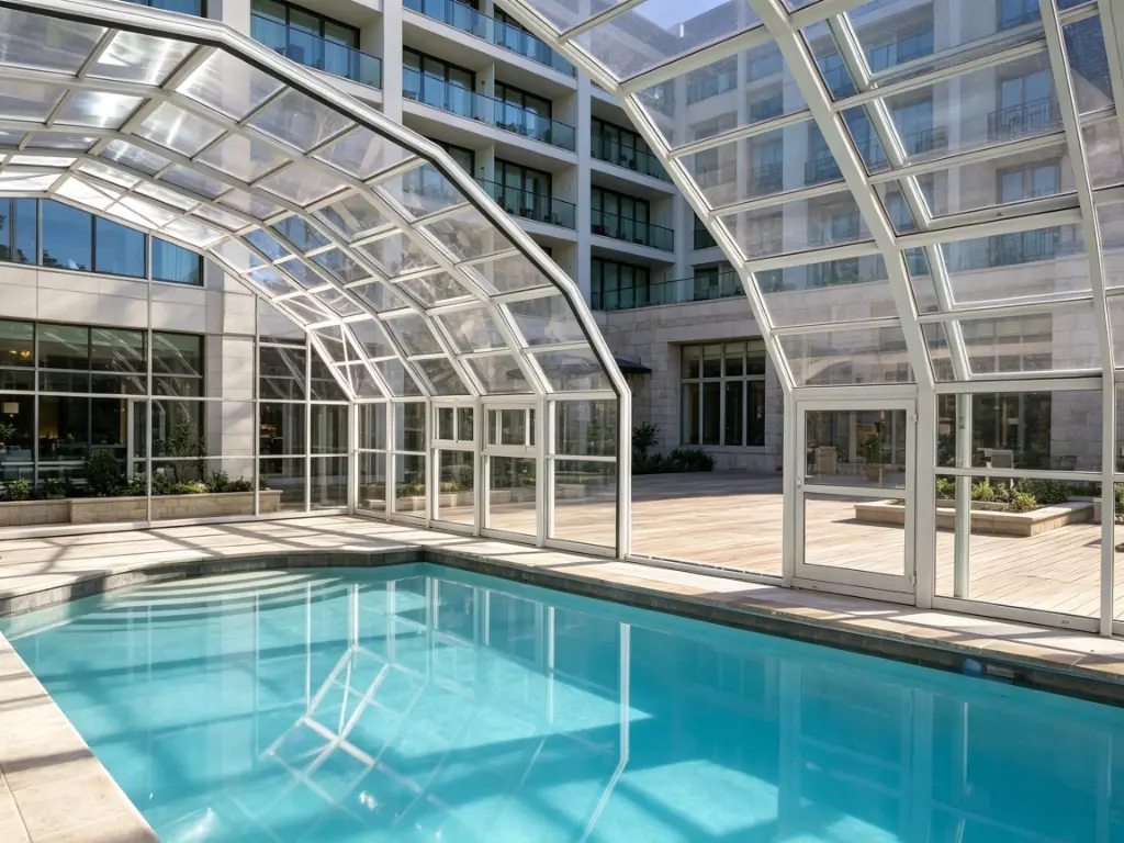High pool enclosure for hotel swimming pool
