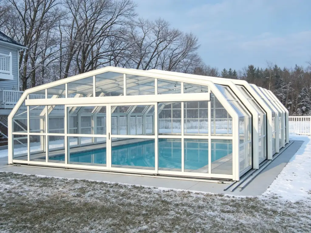 Retractable pool enclosure for snowy regions and winter pool use