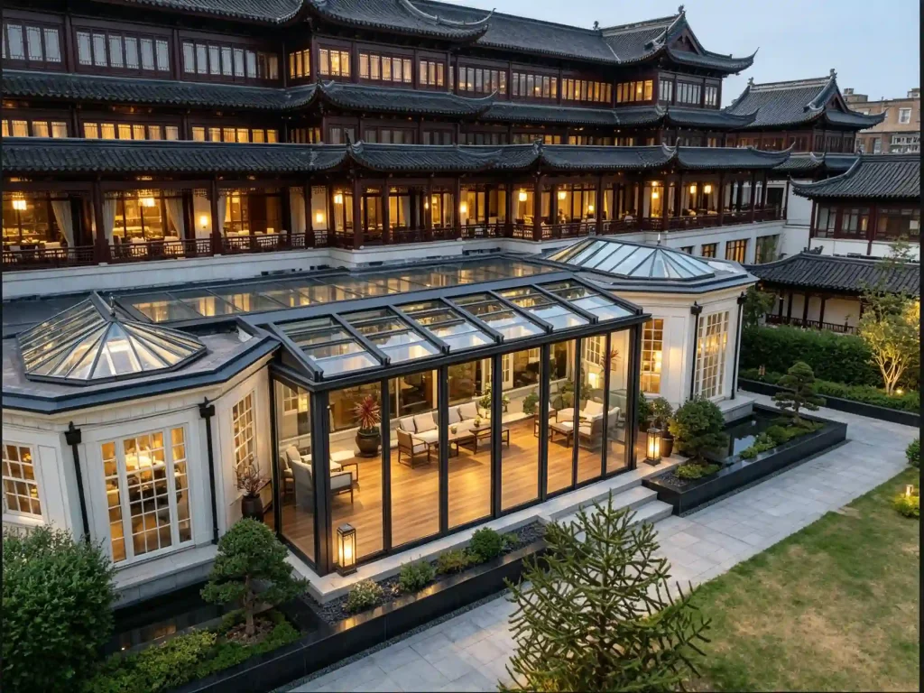 Hotel courtyard commercial retractable roof with transparent panels
