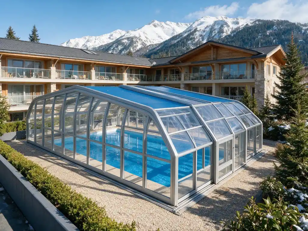 Hotel pool enclosure for winter use in snowy weather