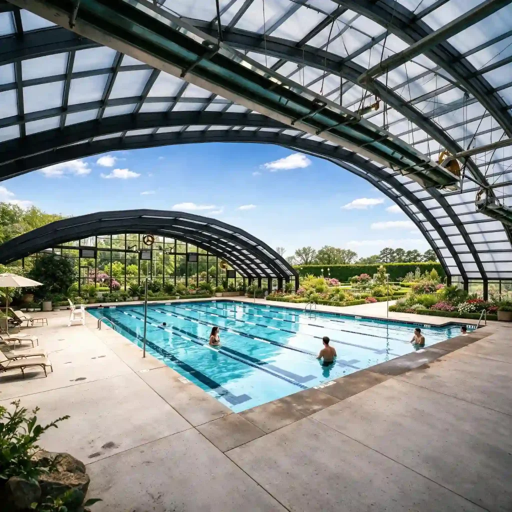 Large retractable pool enclosure system with aluminum frame and transparent glass roof for outdoor swimming pool